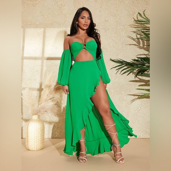 Off Shoulder Lantern Sleeve Cut Out O-Ring Detail Asymmetrical Hem Dress Green - Picture 2 of 6